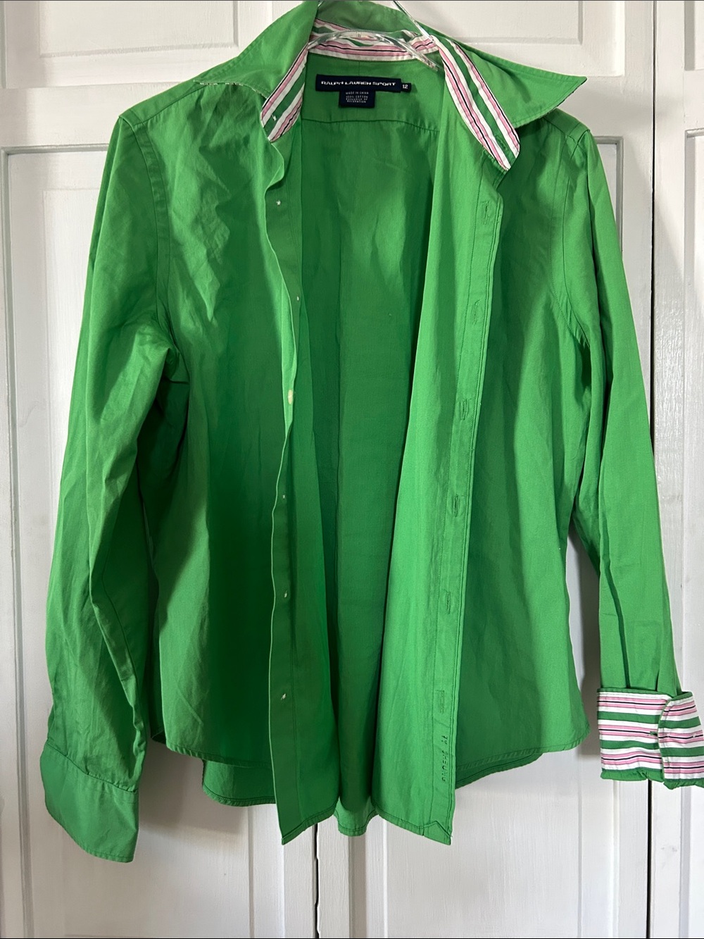 Ralph Lauren Bright Green Button-Down Shirt with Striped Collar and Cuffs